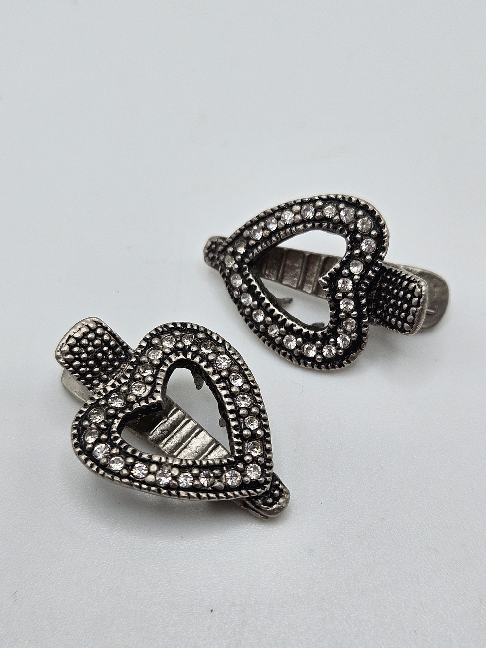 VINTAGE Silver Tone Ornate Rhinestone Heart Hair Clip Barrette Set of Two
